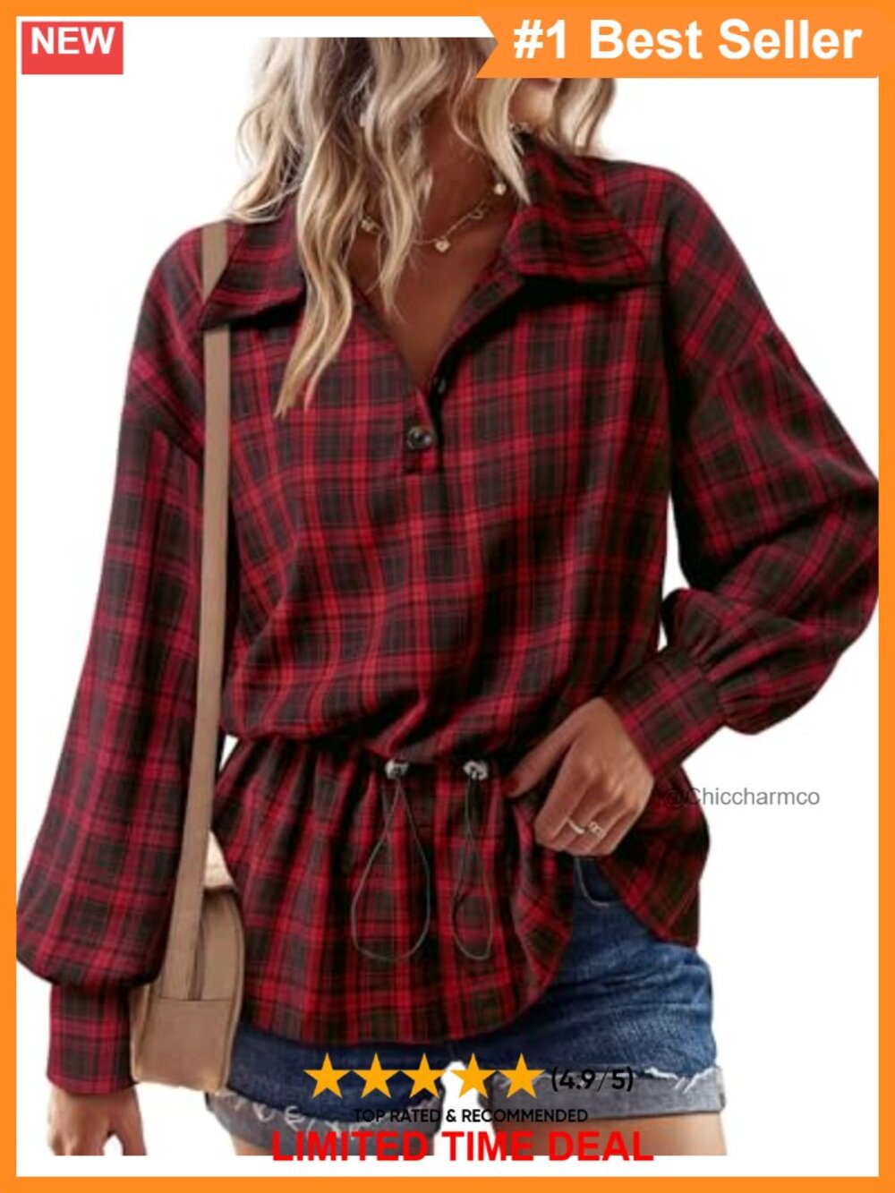 Women's Plaid Long Sleeve Button Down Blouse V-Neck Collared Top